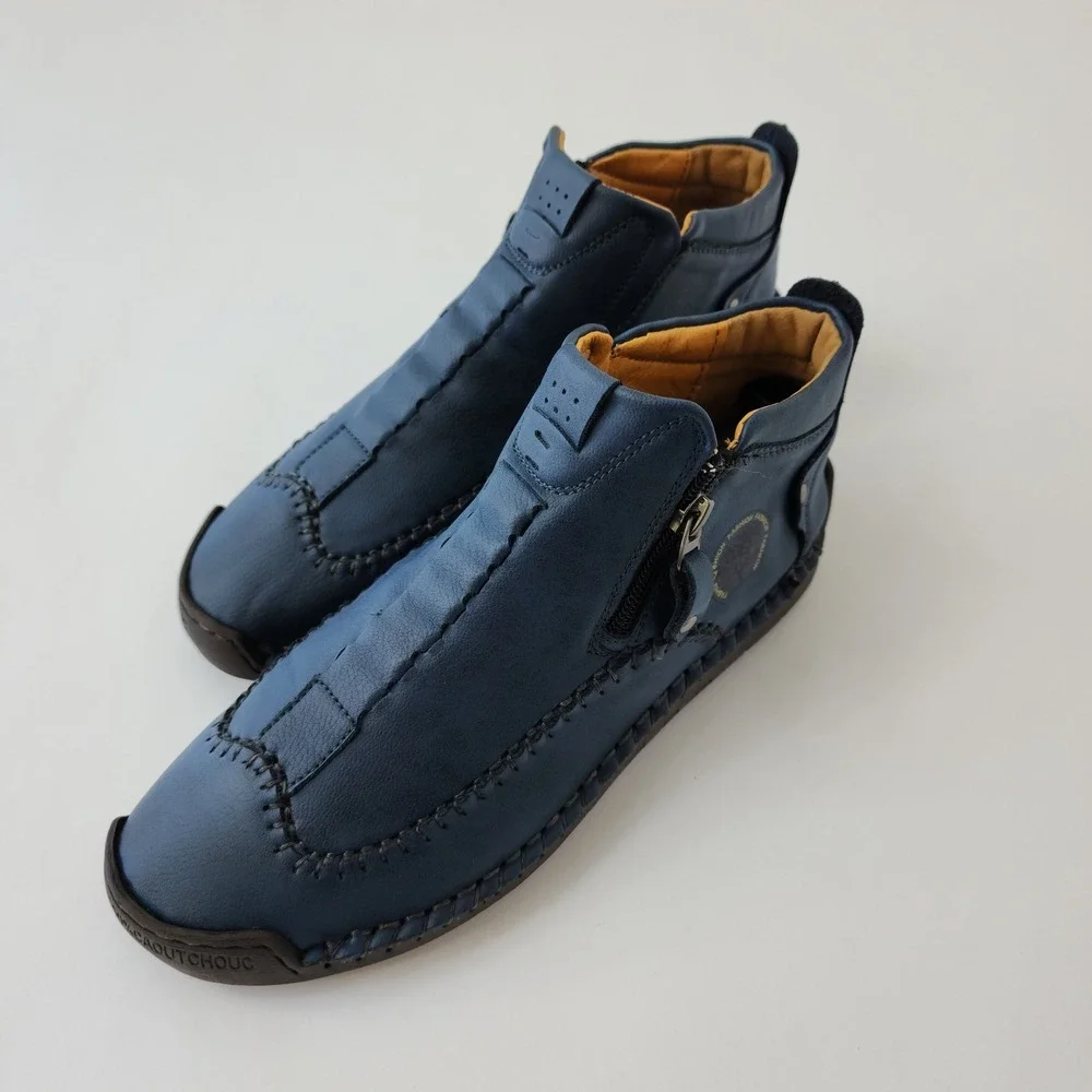 Fashion Sport Blue Leather Hand Stitched Ankle Boots Side Zip‎ Men's 7